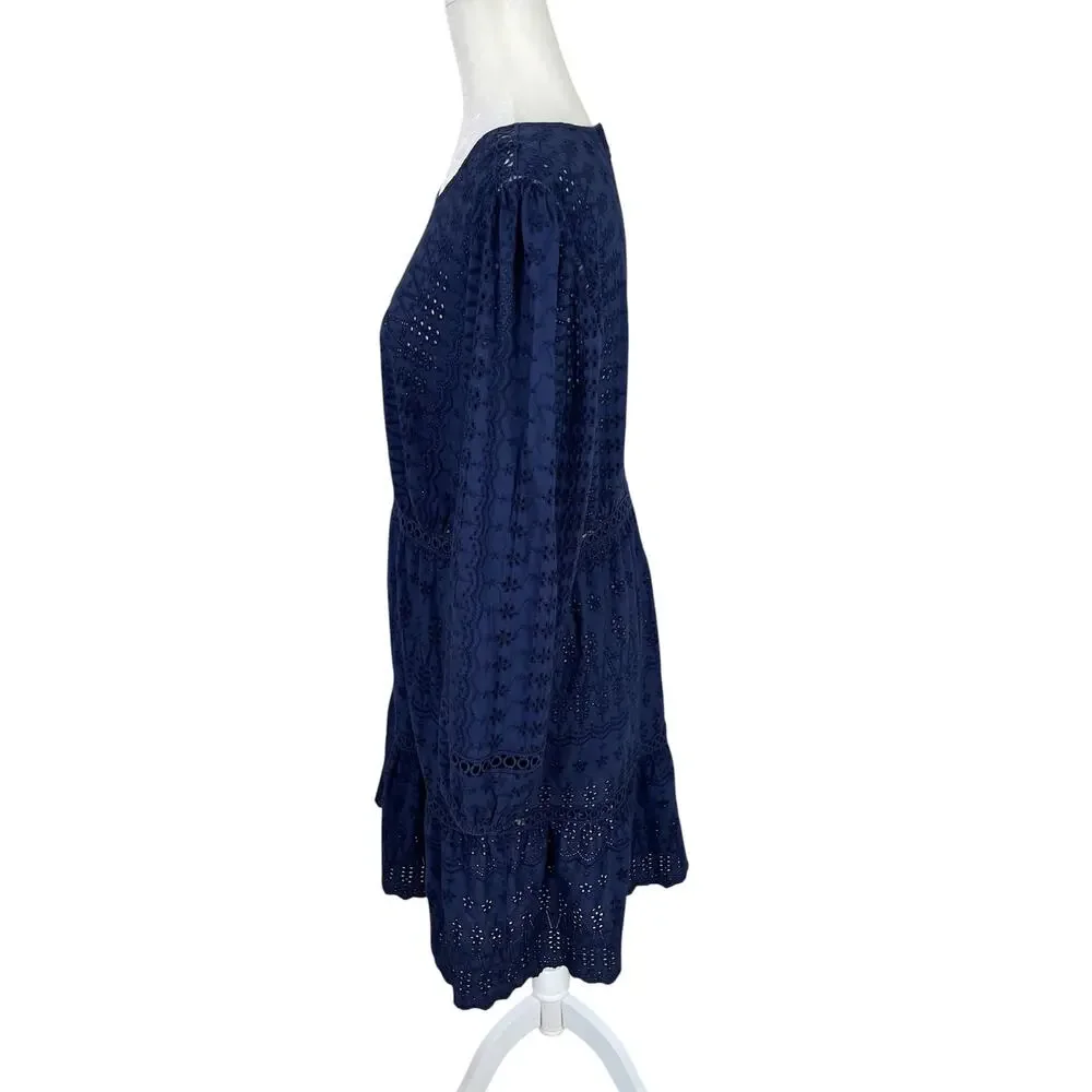 J. Crew Cotton Eyelet Lace Flutter Hem Dress Navy Blue Sz 12 Boho Chic Romantic